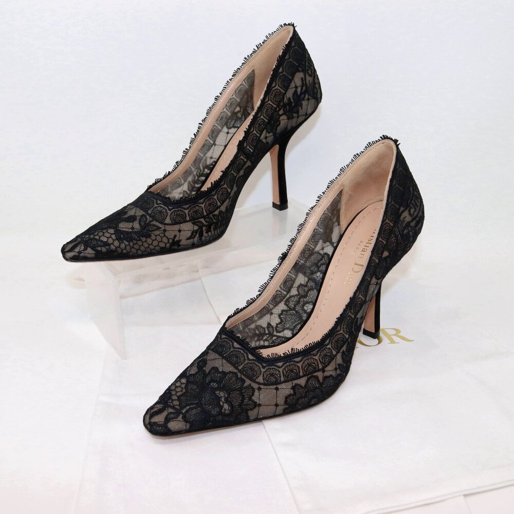 Christian Dior 37.5 Capture Illusion Roses Lace Ember Black Stiletto Heels - Picture 11 of 16